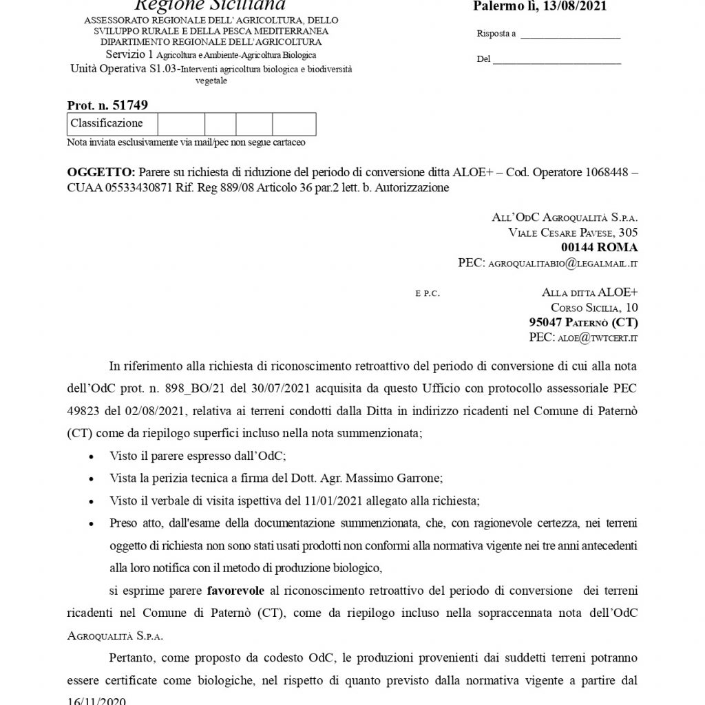 Dichiarazione regione Sicilia terreni biologici certificati